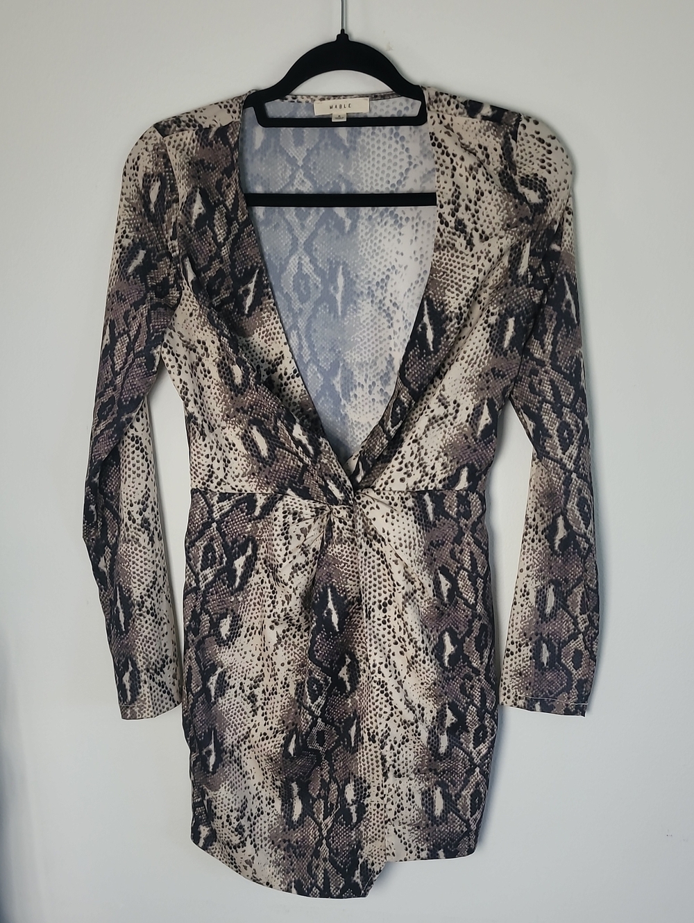 Mable Snake Print Mini Dress Beige Plunging Knot Wrap Long Sleeve